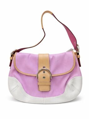 L04Q-1816 Coach Pink Canvas White & Tan Leather Soho Hobo Buckle Flap Bag